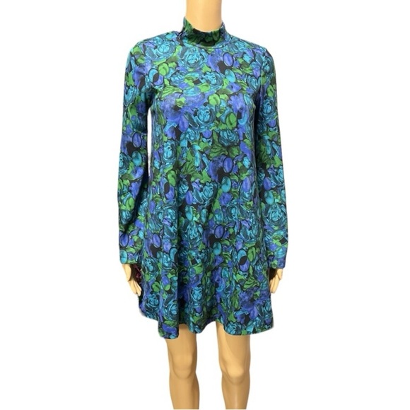 Zara Bell Sleeve Floral Mock Neck Stretch Trapeze Mini Dress Size S - Picture 1 of 9